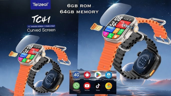 Telzeal TC41 Android Smartwatch with 2.2" AMOLED Display, 6GB RAM, 64GB ROM, and 4G Connectivity